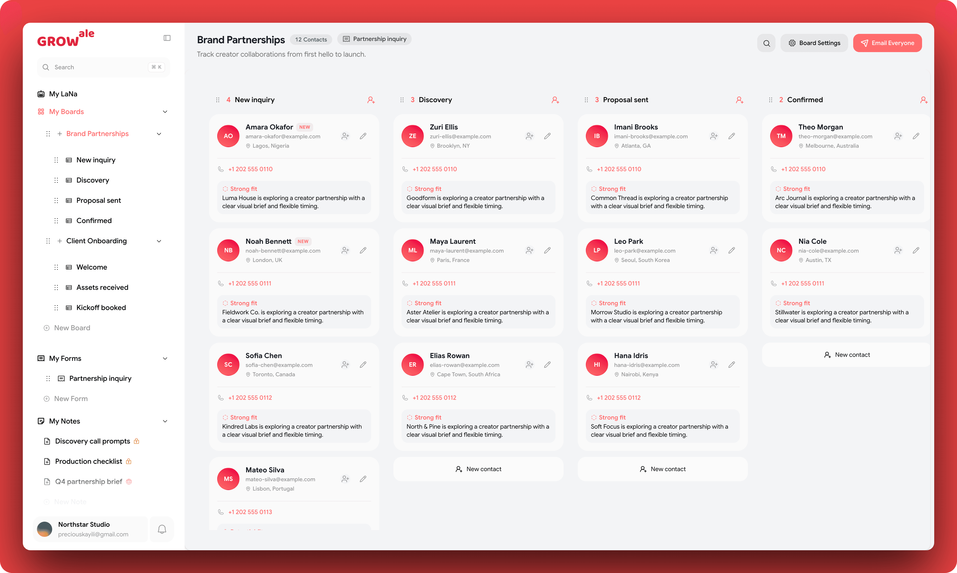 Growale client relationship board with contacts organised across a visual pipeline